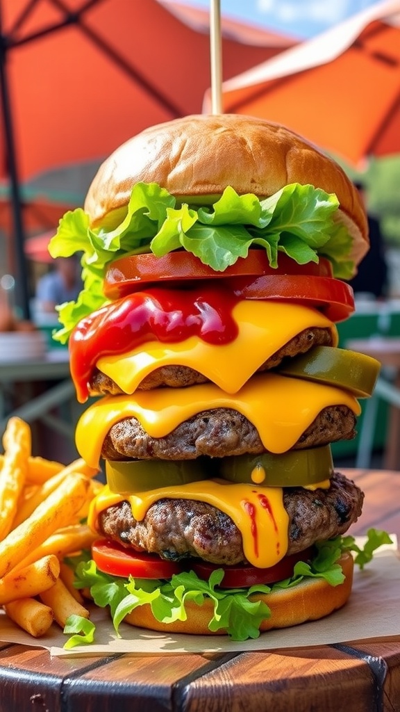 A delicious jumbo cheeseburger with beef patty, cheese, lettuce, tomato on a toasted bun, served with fries.